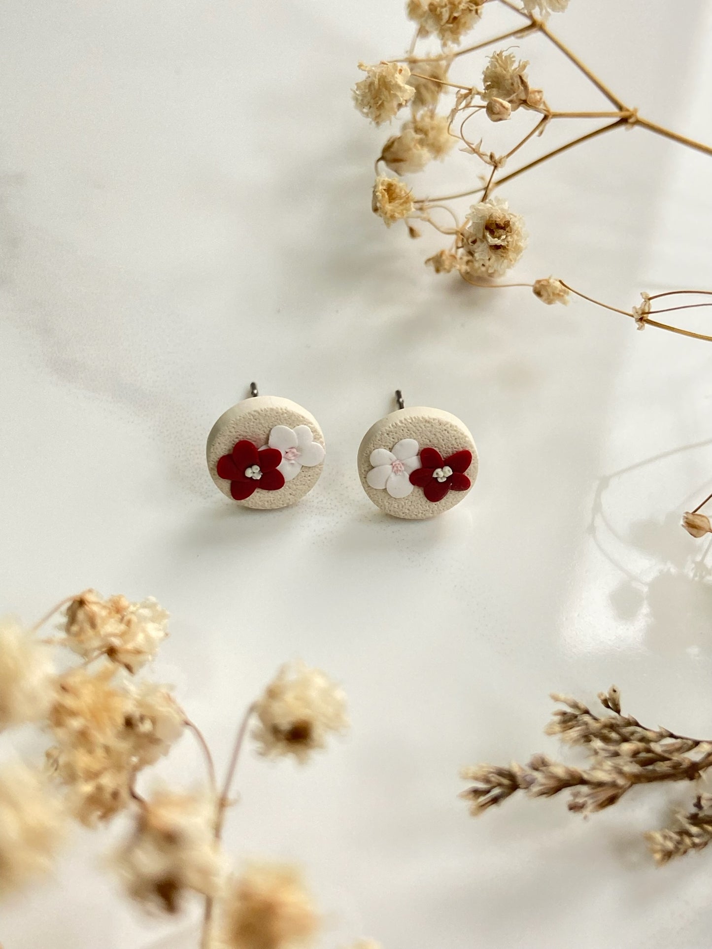 Red & White Blossom Studs